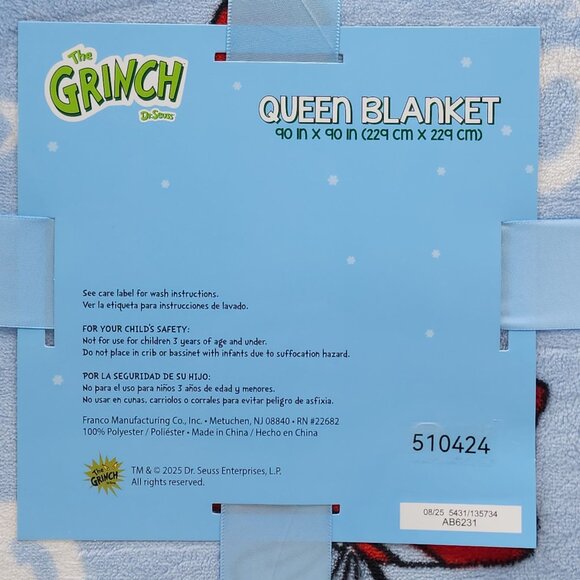 Dr Seuss The Grinch Queen Plush Blanket 90" x 90" Blue Christmas Holiday Cozy - Picture 4 of 9